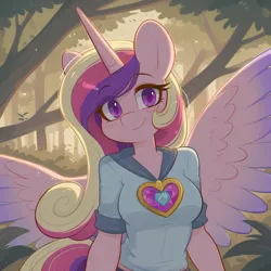 Size: 1024x1024 | Tagged: safe, ai content, machine learning generated, prompter:teaspoon, princess cadance, alicorn, anthro, g4, blushing, clothes, eye clipping through hair, eyebrows visible through hair, female, forest, heart, horn, image, looking at you, png, shirt, smiling, solo, spread wings, tree, wings