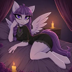 Size: 1024x1024 | Tagged: safe, ai content, machine learning generated, prompter:teaspoon, inky rose, anthro, pegasus, unguligrade anthro, g4, bed, candle, clothes, dress, female, image, laying on bed, lidded eyes, looking at you, on bed, png, smiling, solo, spread wings, wings