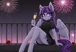 Size: 1216x832 | Tagged: safe, ai content, machine learning generated, prompter:teaspoon, inky rose, anthro, pegasus, unguligrade anthro, g4, alcohol, champagne, champagne glass, clothes, dress, eyebrows visible through hair, female, fireworks, flower, image, looking at you, png, rose, sitting, solo, solo female, spread wings, wings