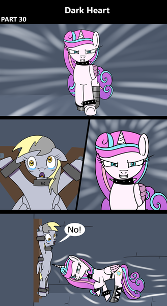 Size: 1920x3516 | Tagged: semi-grimdark, artist:platinumdrop, derpibooru import, derpy hooves, princess flurry heart, alicorn, pegasus, pony, comic:dark heart, g4, abuse, alternate timeline, angry, bondage, bondage cross, bondage cuffs, bondage furniture, bondage gear, bound, bound wings, bound wrists, bracelet, bruised, charge, collar, comic, commission, crying, crystal, crystal castle, crystal empire, cuffed, cuffs, dark crystal, derpybuse, dialogue, dungeon, evil, evil flurry heart, evil grin, fear, female, folded wings, grin, helpless, horn, image, indoors, looking at each other, looking at someone, looking at you, mare, older, older derpy hooves, older flurry heart, png, prisoner, psychotic, punishment, restrained, running, scared, slave, slave collar, smiling, smug, speech bubble, spiked collar, spiked wristband, spread eagle, spread legs, spreading, tears of fear, teary eyes, this will not end well, victorious villain, walking, wall of tags, wings, wristband, yelling