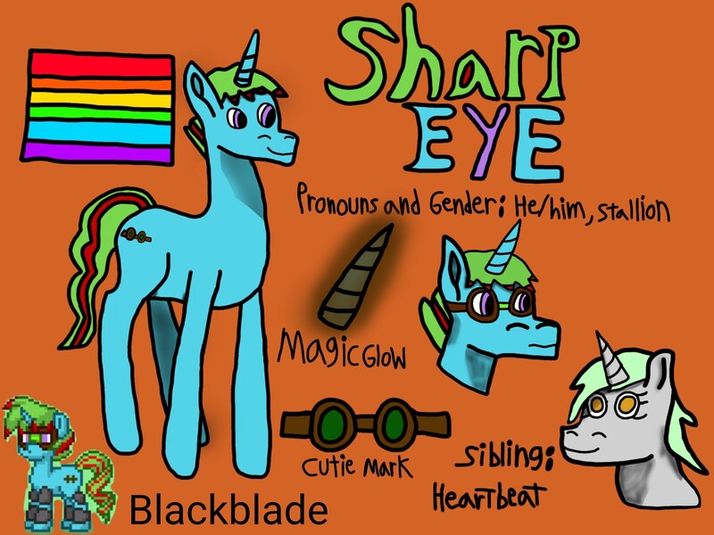 Size: 2000x1500 | Tagged: safe, artist:blackblade360, derpibooru import, oc, oc:heartbeat, oc:sharpeye, unofficial characters only, pony, unicorn, pony town, 2024, 2025, ashes town, bio, blue coat, brother and sister, cyan mane, digital art, duo, female, gay pride flag, glow, glowing horn, goggles, gray coat, horn, ibispaint x, image, jpeg, lgbtq, male, mare, mare oc, orange background, pixel art, pony oc, pride, pride flag, pronouns, purple eyes, reference, reference sheet, siblings, signature, simple background, smiling, stallion, stallion oc, tail, title card, two toned mane, two toned tail, unicorn oc, yellow eyes