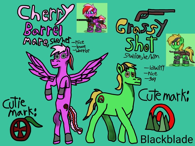 Size: 2000x1500 | Tagged: safe, artist:blackblade360, derpibooru import, oc, oc:cherry barrel, oc:grassy shot, unofficial characters only, earth pony, pegasus, pony, fallout equestria, pony town, 2024, 2025, ashes town, bio, blue background, cyan background, digital art, duo, earth pony oc, female, green coat, gun, ibispaint x, image, jpeg, male, mare, mare oc, pegasus oc, pink coat, pixel art, pony oc, pose, pronouns, rearing, reference, reference sheet, shotgun, signature, simple background, smiling, stallion, stallion oc, tail, title card, two toned mane, two toned tail, walking, weapon, wings