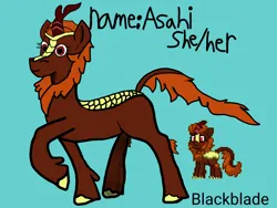 Size: 2000x1500 | Tagged: safe, artist:blackblade360, derpibooru import, oc, oc:asahi, unofficial characters only, kirin, pony, pony town, 2024, 2025, ashes town, bio, blue background, brown coat, brown mane, brown tail, cloven hooves, digital art, female, green hooves, green scales, ibispaint x, image, jpeg, kirin oc, mare, pixel art, pose, pronouns, raised leg, red eyes, reference sheet, signature, simple background, solo, tail, title card, unshorn fetlocks