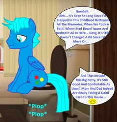 Size: 1720x1800 | Tagged: safe, artist:memeartboi, derpibooru import, ponified, pegasus, pony, g4, bathroom, but why, daydream, emoji, gentle, gumball watterson, handsome, image, imminent flush, implied pooping, indoors, male, neat, older, onomatopoeia, pegasus wings, plop, png, reflection, sitting, sitting on toilet, smiling, solo, sound effects, speech bubble, stallion, text, the amazing world of gumball, toilet, toilet humor, wings