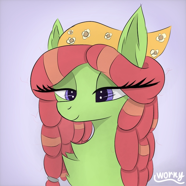 Size: 2048x2048 | Tagged: safe, artist:worny, derpibooru import, tree hugger, earth pony, pony, g4, abstract background, bandana, bedroom eyes, bust, chest fluff, dreadlocks, dreads, ear fluff, eye clipping through hair, eyelashes, female, friendly, hippie, image, jpeg, multicolored mane, portrait, purple background, purple eyes, relaxing, shadow, signature, simple background, smiling, solo, solo female