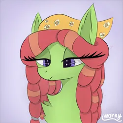 Size: 2048x2048 | Tagged: safe, artist:worny, derpibooru import, tree hugger, earth pony, pony, g4, abstract background, bandana, bedroom eyes, bust, chest fluff, dreadlocks, dreads, ear fluff, eye clipping through hair, eyelashes, female, friendly, hippie, image, jpeg, multicolored mane, portrait, purple background, purple eyes, relaxing, shadow, signature, simple background, smiling, solo, solo female