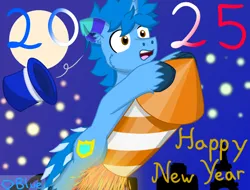 Size: 2240x1700 | Tagged: safe, artist:💎blue, derpibooru import, oc, oc:blueshield, unofficial characters only, pony, unicorn, 2025, clinging, festive, fireworks, france, full moon, happy new year, hat, holiday, horn, image, male, moon, night, png, riding, rocket, stallion, top hat, wide eyes