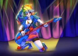 Size: 1772x1267 | Tagged: safe, artist:skobkazavr, derpibooru import, rainbow dash, equestria girls, g4, big grin, clothes, cool, curtains, cutie mark, cutie mark on clothes, eyebrows visible through hair, eyelashes, grin, guitar, image, jpeg, kneeling, kneesocks, musical instrument, open jacket, playing guitar, smiling, socks, spotlight, stage, stage light, wristband