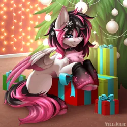 Size: 2000x2000 | Tagged: safe, artist:villjulie, derpibooru import, oc, oc:lunylin, unofficial characters only, pegasus, pony, chest fluff, christmas, christmas decoration, christmas lights, christmas presents, christmas tree, collar, colored wings, decoration, female, heterochromia, holiday, image, mare, multicolored wings, pegasus oc, png, present, solo, sparkles, tree, wings