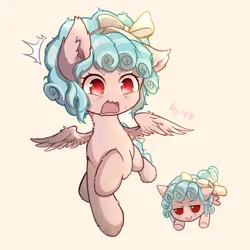 Size: 1840x1840 | Tagged: safe, artist:sherijinli, derpibooru import, cozy glow, pegasus, pony, g4, beige background, bow, emanata, female, filly, foal, freckles, full body, fumo, hair ribbon, image, open mouth, plushie, png, ribbon, shocked, signature, simple background, solo, spread wings, sweat, sweatdrop, tail, tail bow, text, wings