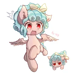 Size: 1840x1840 | Tagged: safe, alternate version, artist:sherijinli, derpibooru import, cozy glow, pegasus, pony, g4, bow, emanata, female, filly, foal, freckles, full body, fumo, hair ribbon, image, open mouth, plushie, png, ribbon, shocked, signature, simple background, solo, spread wings, sweat, sweatdrop, tail, tail bow, text, white background, wings