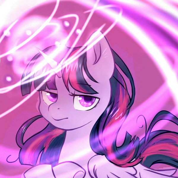 Size: 1080x1080 | Tagged: safe, artist:sherijinli, derpibooru import, twilight sparkle, twilight sparkle (alicorn), alicorn, pony, g4, abstract background, crossed hooves, female, glow, glowing horn, horn, image, jpeg, looking at you, magic, mare, solo, upper body