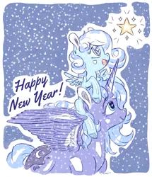 Size: 1885x2194 | Tagged: safe, artist:dacratei, derpibooru import, princess luna, oc, oc:snowdrop, alicorn, pegasus, snowdrop (animation), g4, child, image, newyear, png, sketch, snow, snowdrop (g4), stars, year