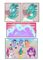 Size: 1240x1754 | Tagged: safe, artist:maxi_ponie, derpibooru import, part of a set, hitch trailblazer, izzy moonbow, pipp petals, sparky sparkeroni, sunny starscout, zipp storm, dragon, series:dragon au, g5, ..., alternate universe, applejack (g5), baby, baby dragon, be careful what you wish for, book, coat markings, comic, dracozipp, dragon family, dragon misty, dragonified, drawing, eyes closed, female, floppy ears, fluttershy (g5), freckles, glitter, hitchdragon, image, izzy moondrake, jpeg, male, mane five, mane seven (g5), mane six (g5), mane stripe sunny, misty brightdawn, open mouth, part of a series, petaldragon, pinkie pie (g5), pony to dragon, post-transformation, rainbow dash (g5), rarity (g5), rebirth misty, sitting, socks (coat marking), species swap, spellbook, spread wings, sunny dragonscout, sweat, sweatdrop, transformation, twilight sparkle (g5), wings, wish