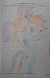 Size: 1021x1566 | Tagged: safe, artist:eiour, derpibooru import, rainbow dash, scootaloo, fanfic, fanfic:i have no wings and i must fly, g4, amputee, drawing, fanfic art, feather, flying, image, jpeg, paper, scootaloo can fly, spread wings, wingless, wings