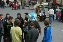 Size: 2352x1568 | Tagged: safe, artist:atalonthedeer, derpibooru import, lyra heartstrings, human, g4, 2013, fursuit head, image, irl, irl human, jpeg, multiple characters, outdoors, photo, ponysuit