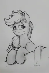 Size: 1816x2671 | Tagged: safe, artist:zeepheru_pone, derpibooru import, applejack, earth pony, pony, g4, female, fence, image, jpeg, solo, traditional art