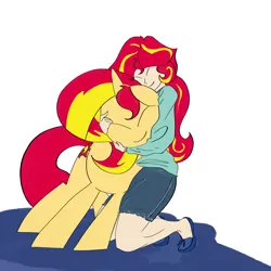 Size: 3353x3353 | Tagged: safe, artist:ponny, derpibooru import, sunset shimmer, human, pony, unicorn, equestria girls, g4, clothes, colored, eyes closed, horn, hug, human and pony, image, png, shorts, sweater