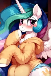 Size: 2823x4168 | Tagged: suggestive, ai content, anonymous prompter, machine learning generated, princess celestia, alicorn, bipedal, blushing, chest fluff, diaper, generator:purplesmart.ai, image, indoors, onesie, png, solo