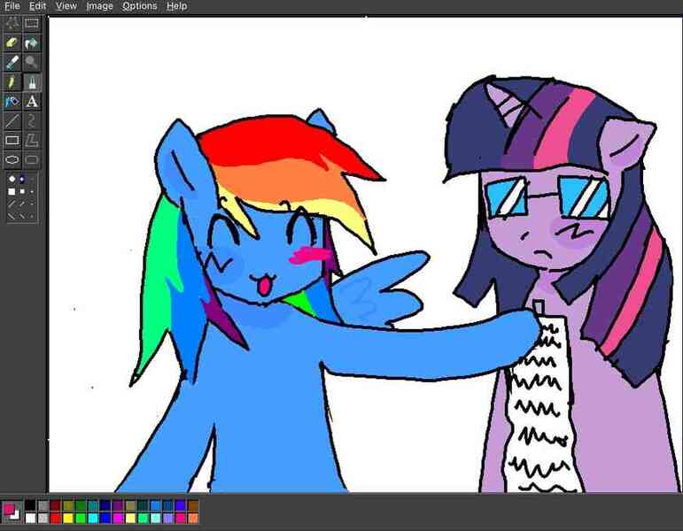 Size: 875x681 | Tagged: safe, artist:poniesinmyhead, derpibooru import, twilight sparkle, pegasus, pony, unicorn, g4, art program in frame, blush sticker, blushing, duo, duo female, eyes closed, female, glasses, horn, image, jpeg, ms paint, smiling, unicorn twilight