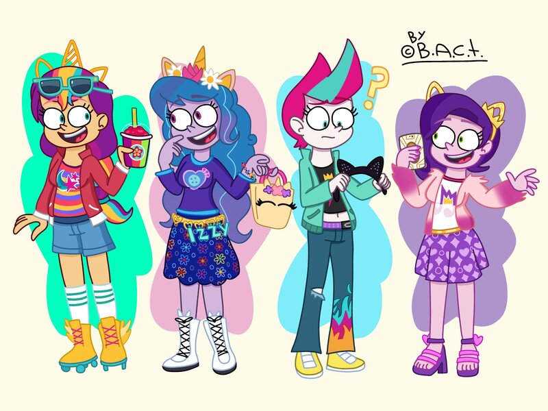 Size: 2080x1560 | Tagged: safe, artist:garybaldor, derpibooru import, izzy moonbow, pipp petals, sunny starscout, zipp storm, human, equestria girls, g4, g5, bag, clothes, cutie mark, cutie mark on clothes, denim, denim shorts, diadem, drink, equestria girls-ified, eyebrows, eyebrows visible through hair, female, g5 to equestria girls, g5 to g4, generation leap, group, high heels, image, jacket, jeans, jewelry, jpeg, long sleeves, midriff, mobile phone, pants, phone, pipp's phone, question mark, regalia, ripped jeans, ripped pants, roller skates, shirt, shoes, shorts, signature, skates, skirt, smartphone, smoothie, sneakers, socks, sunglasses, sunglasses on head, torn clothes