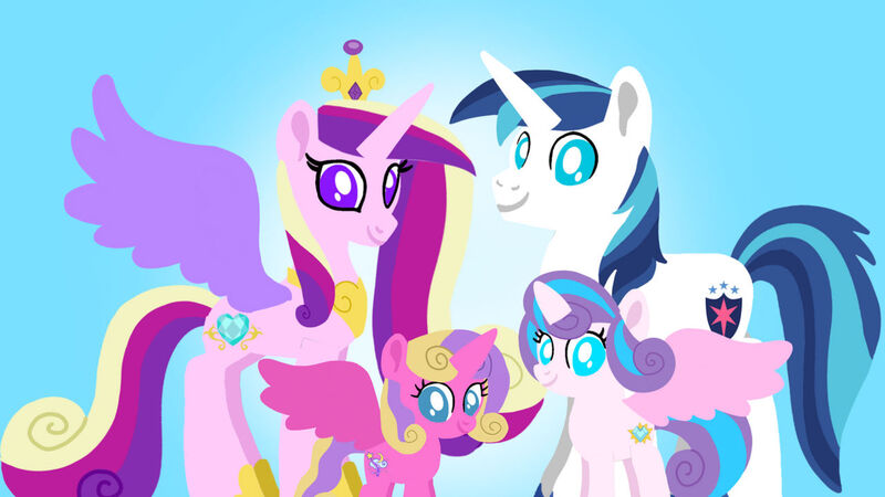 Size: 1280x720 | Tagged: safe, artist:mlplary6, derpibooru import, princess cadance, princess flurry heart, princess skyla, shining armor, alicorn, pony, unicorn, g4, crystal sisters, family, female, filly, foal, horn, image, jpeg, male, mare, ship:shiningcadance, shipping, stallion, straight, teenager