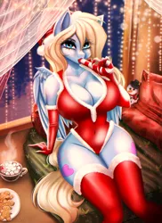 Size: 1600x2201 | Tagged: suggestive, artist:agleo, derpibooru import, oc, oc:lusty symphony, unofficial characters only, anthro, pegasus, bedroom eyes, belly, belly button, big breasts, breasts, candy, candy cane, chocolate, christmas, christmas lights, cleavage, clothes, commission, evening gloves, female, food, gloves, hat, holiday, hot chocolate, huge breasts, image, indoors, leotard, long gloves, looking at you, marshmallow, panties, pegasus oc, png, presenting, santa hat, sexy, sitting, socks, solo, solo female, stockings, thigh highs, tight clothing, underwear, wings