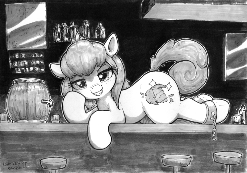 Size: 4639x3264 | Tagged: safe, artist:whiskeypanda, derpibooru import, oc, oc:hopple scotch, earth pony, pony, bar, bar stool, barrel, bottle, commission, earth pony oc, evil grin, glass, grin, head on hoof, image, ink drawing, keg, looking at you, lying down, mirror, png, prone, shackles, smiling, tankard, traditional art