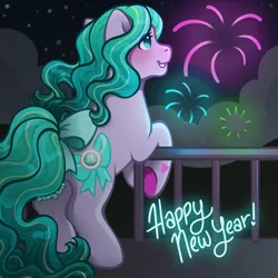 Size: 2400x2400 | Tagged: safe, artist:sparkytopia, derpibooru import, december delight, earth pony, pony, g3, 3d cutie mark, blue hair, bow, facing away, female, fireworks, happy new year 2024, hoof heart, image, jewel birthday ponies, mare, night, open mouth, open smile, outdoors, png, purple coat, sky, smiling, solo, tail, tail bow, text, tinsel, underhoof