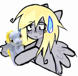 Size: 734x714 | Tagged: safe, artist:poniesinmyhead, derpibooru import, derpy hooves, pegasus, pony, g4, derpy hooves is not amused, derpy hooves plushie, female, image, jpeg, mare, plushie, simple background, sweat, sweatdrop, unamused, white background