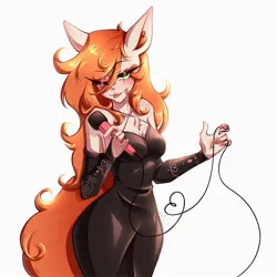 Size: 2000x2000 | Tagged: safe, artist:pixlbunni, derpibooru import, oc, oc:shimmering song, unofficial characters only, human, clothes, dress, female, humanized, image, jpeg, looking at you, microphone, one eye closed, singer, solo, solo female, wink