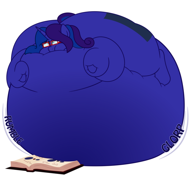 Size: 3000x2800 | Tagged: questionable, artist:worstsousaphonehorse, derpibooru import, oc, oc:scribble script, unofficial characters only, unicorn, belly, belly bed, big belly, blueberry inflation, book, butt, female, glasses, horn, huge belly, huge butt, image, immobile, impossibly large belly, impossibly large butt, inflation, large butt, motion lines, onomatopoeia, png, puffy cheeks, simple background, solo, solo female, squishy, stretched cutie mark, transparent background, vector