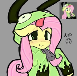 Size: 1609x1591 | Tagged: safe, artist:poniesinmyhead, derpibooru import, fluttershy, pegasus, pony, g4, antonymph, bust, clothes, female, fluttgirshy, gir, gray background, hoodie, image, invader zim, jpeg, mare, simple background, smiling, solo