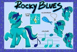 Size: 3300x2250 | Tagged: safe, artist:rutkotka, derpibooru import, oc, oc:rocky blues, unofficial characters only, pony, unicorn, accessory, bandana, bust, color palette, commission, commissioner:legionofblues, cutie mark, horn, image, jewelry, male, music notes, necklace, png, portrait, reference sheet, singing, smiling, stallion, stallion oc, unicorn oc