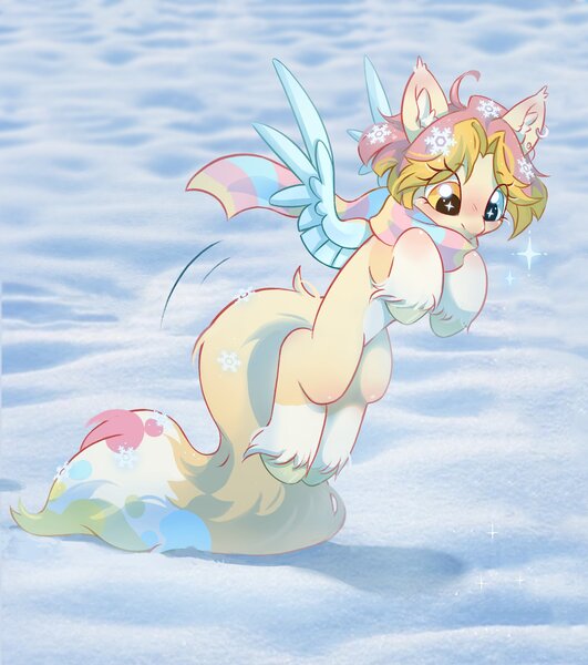 Size: 2656x3000 | Tagged: safe, artist:melodylibris, derpibooru import, oc, unofficial characters only, pegasus, pony, clothes, colored wings, eye clipping through hair, female, flying, heterochromia, image, jpeg, looking down, mare, scarf, snow, solo, spread wings, starry eyes, striped scarf, unshorn fetlocks, wingding eyes, wings