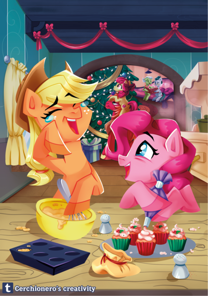 Size: 1166x1663 | Tagged: safe, artist:cerchionero, artist:ogron, derpibooru import, apple bloom, applejack, big macintosh, cloudy quartz, granny smith, pinkie pie, earth pony, pony, g4, apple family, bowl, christmas, christmas tree, crying, cupcake, duo focus, female, food, hearth's warming, holiday, icing bag, image, indoors, laughing, mare, mixing bowl, open mouth, open smile, png, ponies riding ponies, riding, riding a pony, smiling, tears of laughter, tree, whisk