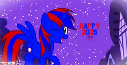 Size: 1771x909 | Tagged: safe, artist:stephen-fisher, derpibooru import, oc, oc:stephen (stephen-fisher), unofficial characters only, alicorn, pony, g4, 2025, alicorn oc, happy new year 2025, horn, image, male, male alicorn, male alicorn oc, night, png, ponyville, red and blue, solo, stars, wings