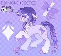 Size: 1838x1682 | Tagged: safe, artist:pinxpony, derpibooru import, oc, oc:diamond degree, unofficial characters only, pony, unicorn, g4, braid, braided tail, brooch, colored hooves, colored pinnae, colored pupils, eyeshadow, female, floppy ears, fusion, fusion:rarity, fusion:twilight sparkle, glasses, glasses chain, gradient legs, gradient mane, gradient tail, hooves, horn, image, jewelry, jpeg, lidded eyes, makeup, mare, purple eyes, purple eyeshadow, raised hoof, shiny hooves, solo, sparkly legs, tail, unicorn oc, unshorn fetlocks