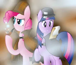 Size: 2600x2200 | Tagged: safe, artist:pikashoe90, derpibooru import, pinkie pie, twilight sparkle, unicorn, g4, mmmystery on the friendship express, 2012, bowler hat, bubble pipe, deerstalker, detective, female, hat, image, jpeg, my little pony, old art, pipe, sherlock holmes, sherlock pie, unicorn twilight, watson