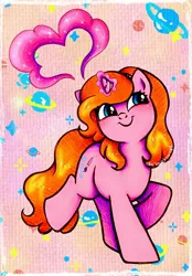 Size: 2169x3111 | Tagged: safe, artist:dariarchangel, derpibooru import, oc, oc:dazha, unofficial characters only, pony, unicorn, g4, adorable face, blue eyes, blushing, c:, cute, cute face, cute smile, daaaaaaaaaaaw, female, female oc, glow, glowing horn, hairband, happy, hnnng, horn, image, jpeg, magic, magic aura, mare, mare oc, ocbetes, orange hair, orange mane, orange tail, passepartout, patterned background, pink coat, planet, pony oc, raised hoof, small horn, smiling, solo, sparkles, standing, standing on two hooves, tail, traditional art, unicorn oc, weapons-grade cute