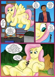 Size: 2480x3508 | Tagged: safe, artist:tf-plaza, derpibooru import, fluttershy, human, inflatable pony, pegasus, pony, g4, boulder, building, car, city, comic, commission, commissioner:ltcolonelwhipper, dialogue, duo focus, eyes closed, female, flying, forest, friends, high res, hoof over mouth, human male, human to pony, image, inflatable, living inflatable, looking at each other, looking at self, looking at someone, looking down, looking up, lying down, lying on top of someone, macro, male, male to female, mare, misspelling, nature, oh my, on back, outdoors, png, rule 63, seams, size difference, smiling, speech bubble, spread wings, street, transformation, transformation sequence, transformed, transgender transformation, tree, truck, underhoof, warehouse, wings