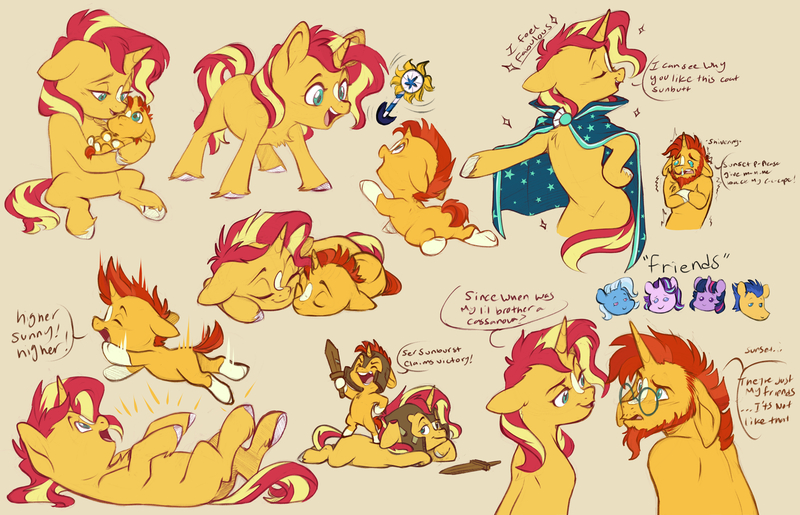 Size: 10716x6900 | Tagged: safe, artist:chub-wub, derpibooru import, flash sentry, starlight glimmer, sunburst, sunset shimmer, trixie, twilight sparkle, pony, unicorn, beard, bisexual, brother and sister, cardboard, cloak, clothes, colt, cute, facial hair, female, filly, foal, gay, glasses, headcanon, horn, image, jpeg, lying down, male, markings, on back, open mouth, prone, shimmerbetes, ship:flashburst, ship:trixburst, shipping, siblings, simple background, starburst, straight, sunbetes, sunburst's cloak, sunny siblings, twiburst, yellow background, younger sunset