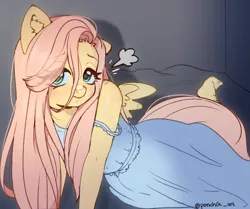 Size: 1771x1484 | Tagged: safe, artist:ponchik_art, derpibooru import, fluttershy, anthro, pegasus, plantigrade anthro, g4, annoyed, barefoot, bed, clothes, dress, ear fluff, eye clipping through hair, eyebrows visible through hair, feet, female, frustrated, image, indoors, leaning, looking at you, png, signature, small wings, wings