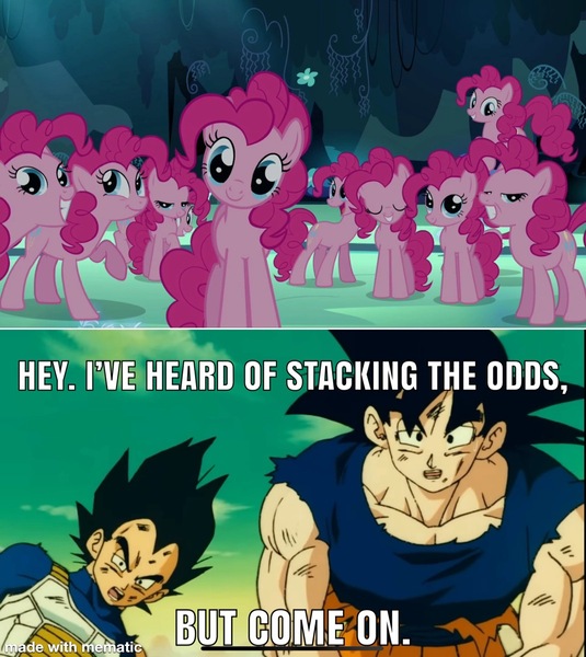 Size: 1069x1200 | Tagged: safe, derpibooru import, edit, edited screencap, screencap, pinkie pie, earth pony, pony, g4, too many pinkie pies, caption, clone, dragon ball, dragon ball z, dragon ball z: the return of cooler, female, image, jpeg, mare, meme, my little pony, pinkie clone, son goku, text, vegeta