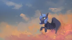 Size: 1920x1080 | Tagged: dead source, safe, artist:hierozaki, derpibooru import, princess luna, alicorn, pony, g4, cloud, cloudy, female, flying, image, mare, png, solo