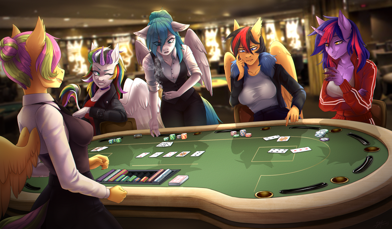 Size: 2900x1700 | Tagged: safe, artist:serodart, derpibooru import, oc, oc:izma acid, oc:lina phantom, oc:mollydv, oc:silri whiteriver, unofficial characters only, anthro, original species, pegasus, unicorn, card, card game, casino, chips, clothes, commission, croupiere, female, food, glass, horn, image, jacket, leather, leather jacket, png, poker, poker chips, room, shirt, t-shirt, table, tracksuit, vest