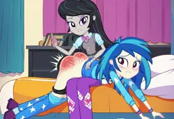 Size: 1216x832 | Tagged: suggestive, ai content, machine learning generated, prompter:desconhecido2000, octavia melody, vinyl scratch, human, equestria girls, ass, bed, butt, image, jpeg, over the knee, spank mark, spanked, spanking, vinyl ass