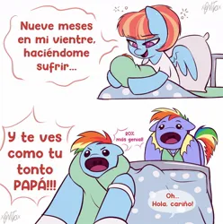 Size: 1188x1200 | Tagged: safe, artist:xconito, derpibooru import, bow hothoof, rainbow dash, windy whistles, pegasus, pony, g4, 20% cooler, :o, >:o, angry, baby, baby rainbow dash, bed, clothes, comic, cute, dress, family, father, father and child, father and daughter, female, filly, foal, gown, holding, holding a pony, hospital, hospital bed, image, jpeg, like father like daughter, like parent like child, male, mare, meme, mother, mother and child, mother and daughter, newborn, nine months in my womb making me suffer, open mouth, parent:bow hothoof, patient, pillow, ponified meme, shout, spanish, stallion, trio, yelling