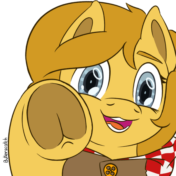 Size: 1920x1920 | Tagged: safe, artist:_butterscotch, derpibooru import, oc, oc:butterscotch, unofficial characters only, earth pony, pony, boop, button, cloak, clothes, commission, earth pony oc, hood, image, imminent boop, looking at you, png, smiling, solo, ych result