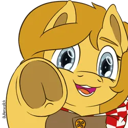 Size: 1920x1920 | Tagged: safe, artist:_butterscotch, derpibooru import, oc, oc:butterscotch, unofficial characters only, earth pony, pony, boop, button, cloak, clothes, commission, earth pony oc, hood, image, imminent boop, looking at you, png, smiling, solo, ych result